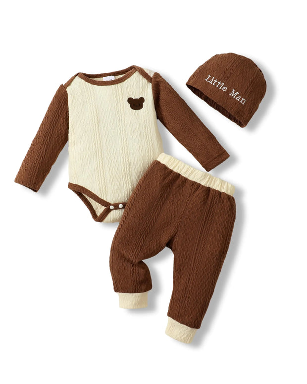 XUANHAO 18 Months Boy Clothes Baby Clothes Boy Winter 1 Year Old Boy Clothes Cute Ribbed Little Man Romper Brown Pants Set Hat Baby Boy Clothes 12-18 Months