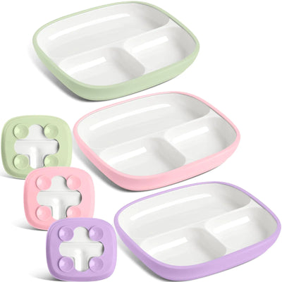 Domensi 3 Sets Kids Porcelain Plates with Silicone Sleeves 8.2 inch Divided Porcelain Plate Toddler Suction Plate White Porcelain Dishes for Baby Hassle-Free Eating Microwave Dishwasher Safe (Classic)