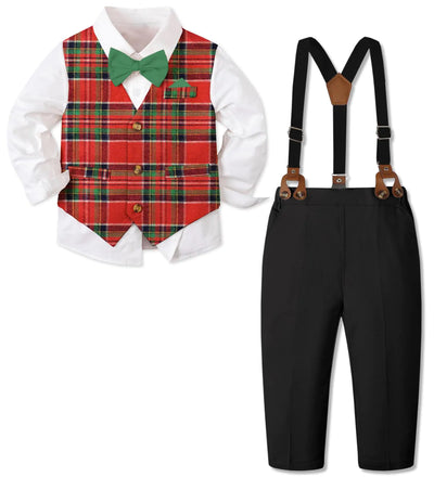 Baby Boy Clothes Toddler Gentleman Outfit with Dress Shirt Bowtie Fashion Vest and Suspender Pants Sets Red Plaid + Black 5-6 Years = Tag 140