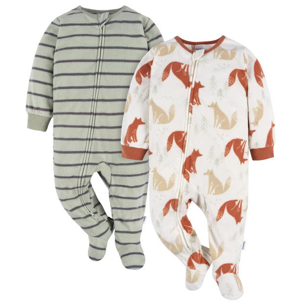 Gerber Baby Boys Toddler Loose Fit Flame Resistant Fleece Footed Pajamas 2-Pack Fox Stripe 2T