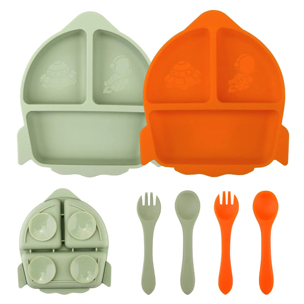 Baby Weaning Plate Set Included 2 Pack Silicone Divided Suction Plates 2 Set Spoons and Forks Cute Rocket Designed for Toddler Kids Baby Feeding Supplies Eating Utensils BPA Free (Green/Orange)